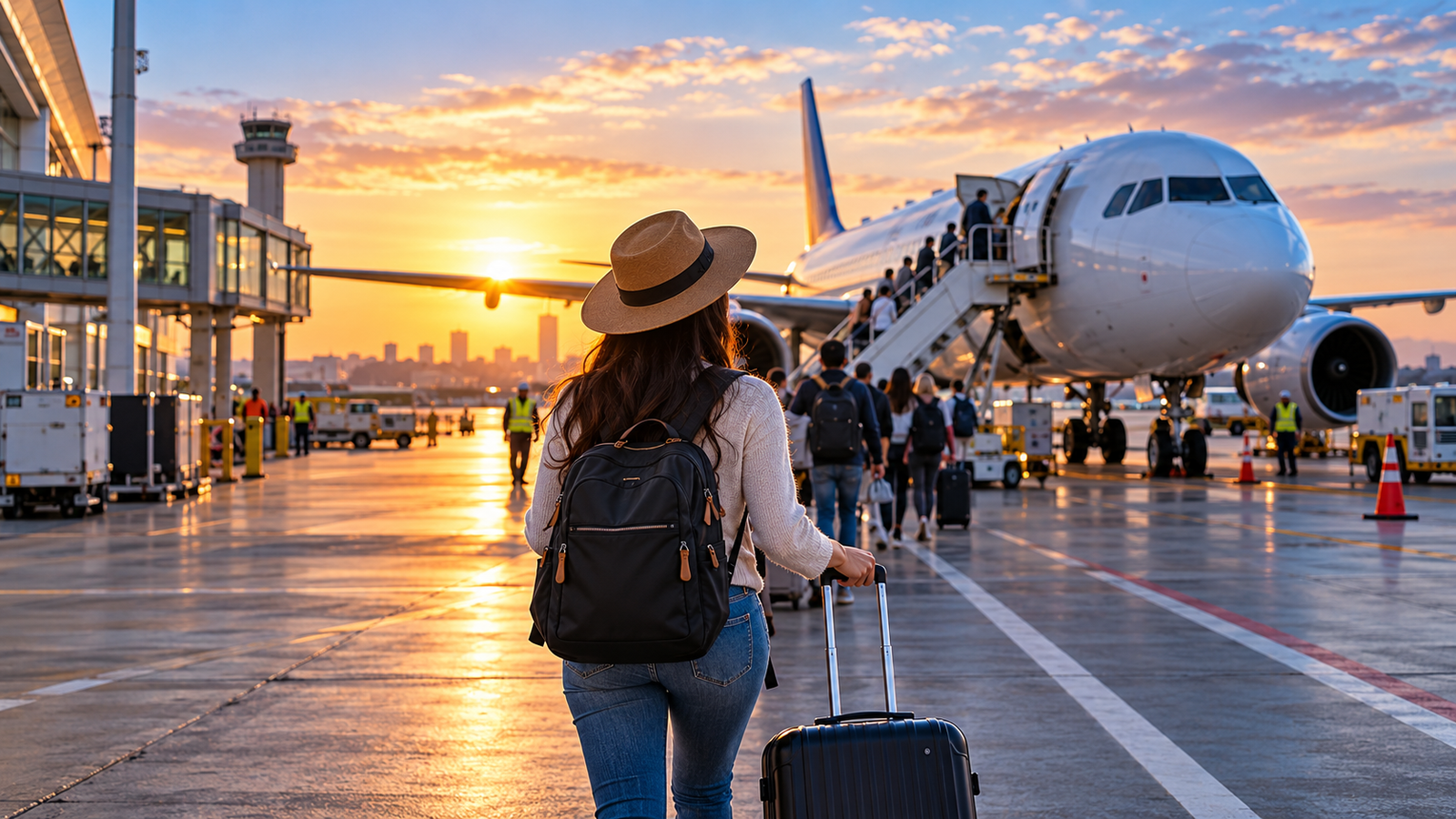 International traveler boarding a flight at sunset